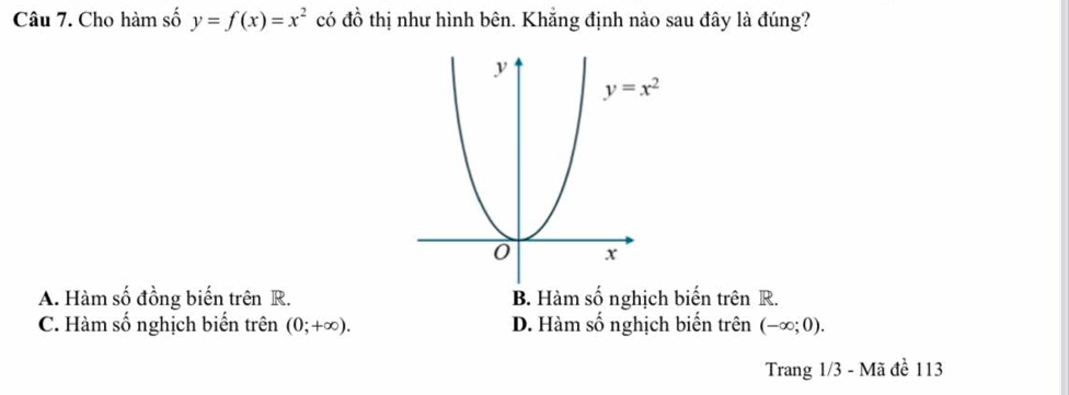 Cho hàm số y=f(x)=x^2 có dhat o thị như hình bên. Khẳng định nào sau đây là đúng?
A. Hàm số đồng biến trên R. B. Hàm số nghịch biến trên R.
C. Hàm số nghịch biển trên (0;+∈fty ). D. Hàm số nghịch biến trên (-∈fty ;0).
Trang 1/3 - Mã đề 113