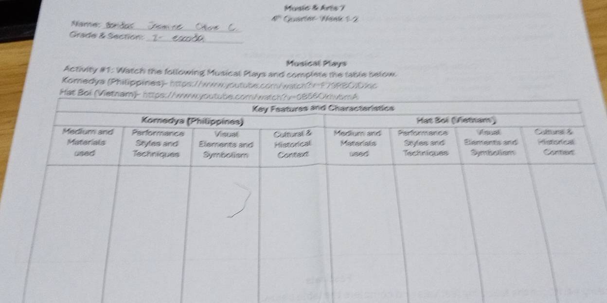 Music & Aris 7 
4^n Quarler Waek 1 2 
_ 
Name: 
Grade & Section: 
_ 
Musical Plays 
Activity #1: Watch the following Musical Plays and complete the table below. 
Komedya (Philippines)- https://ww.youtube.com/watch?=179PB0|Dlic