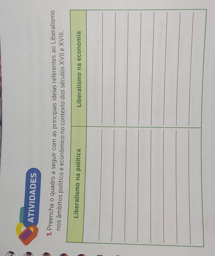 ATIVIDADES 
1. Preencha o quadro a seguir com as principais ideias referentes ao Liberalismo 
nos âmbitos político e econômico no contexto dos séculos XVII e XVIII.