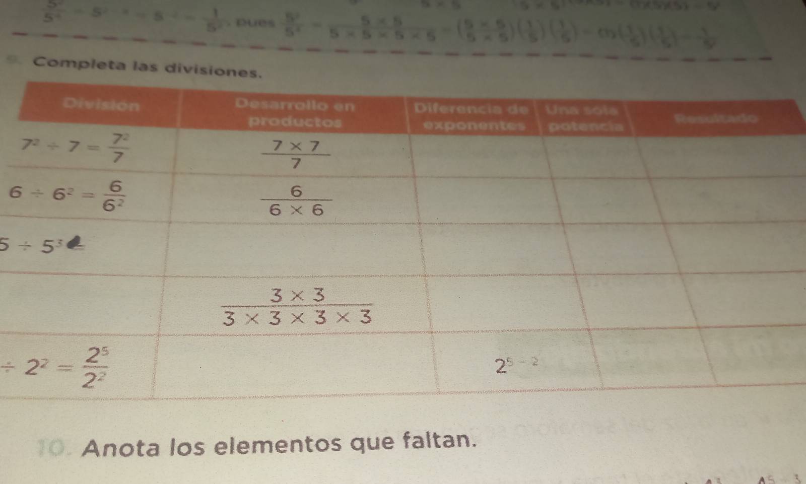  5^7/5^4 
5* 6
(x)(3)-(y
S  1/5^2 . pues  5^2/5^2 - (5* 5)/5* 5* 5* 5 -( (5* 5)/5* 5 )( 1/5 )( 1/5 )-m( 1/5 )( 1/5 )- 1/5 . Completa las divisi
10. Anota los elementos que faltan.