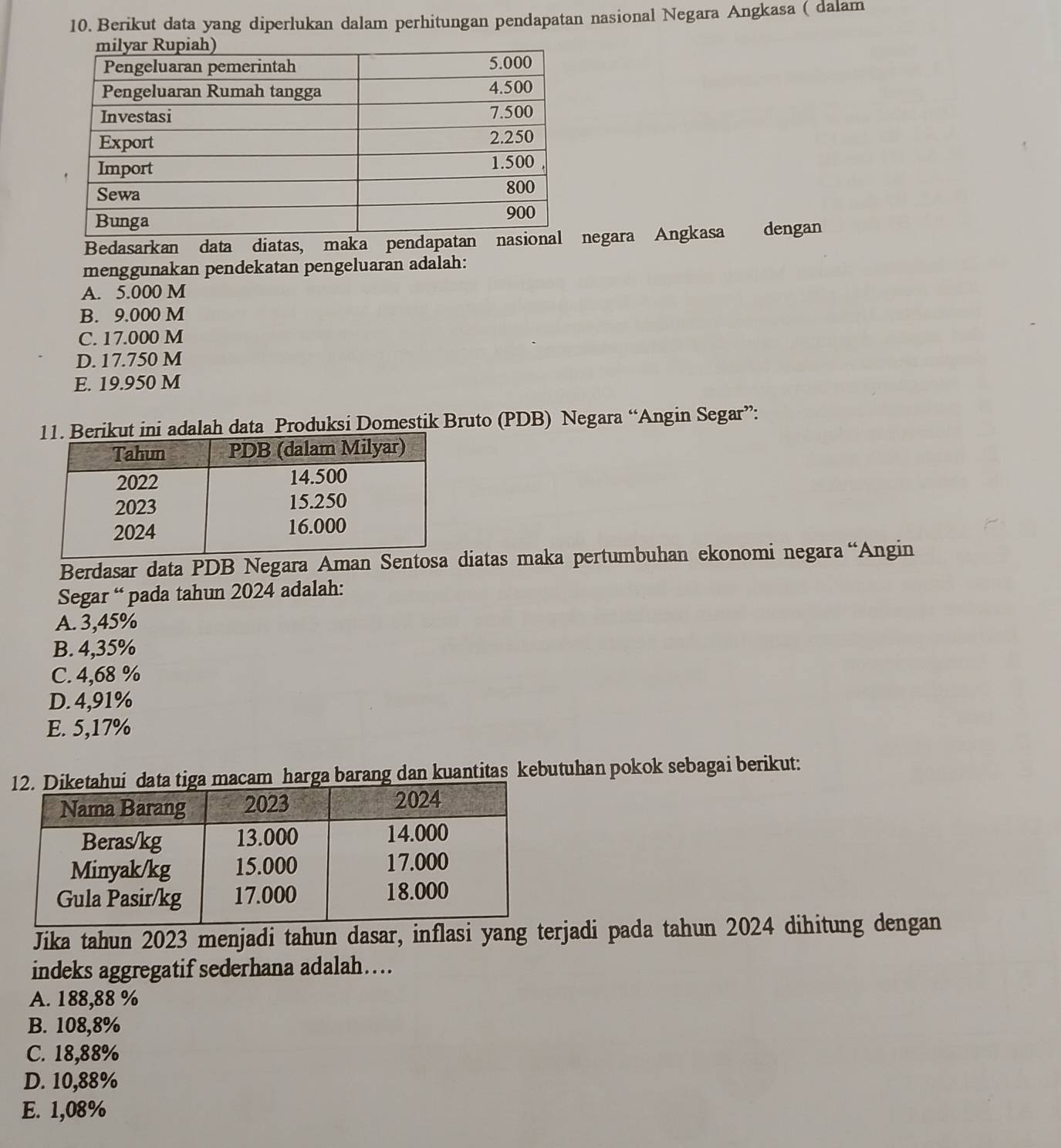 Berikut data yang diperlukan dalam perhitungan pendapatan nasional Negara Angkasa ( dalam
Bedasarkan data diatas, maka pendapatan nnegara Angkasa dengan
menggunakan pendekatan pengeluaran adalah:
A. 5.000 M
B. 9.000 M
C. 17.000 M
D. 17.750 M
E. 19.950 M
ni adalah data Produksi Domestik Bruto (PDB) Negara “Angin Segar”:
Berdasar data PDB Negara Aman Sentosdiatas maka pertumbuhan ekonomi negara “Angin
Segar “ pada tahun 2024 adalah:
A. 3,45%
B. 4,35%
C. 4,68 %
D. 4,91%
E. 5,17%
harga barang dan kuantitas kebutuhan pokok sebagai berikut:
Jika tahun 2023 menjadi tahun dasar, inflasi yangrjadi pada tahun 2024 dihitung dengan
indeks aggregatif sederhana adalah…
A. 188,88 %
B. 108,8%
C. 18,88%
D. 10,88%
E. 1,08%