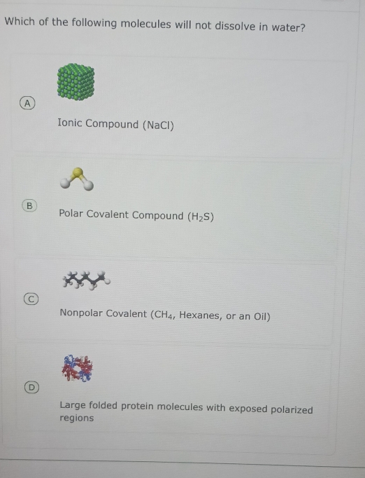 Which of the following molecules will not dissolve in water?
A
Ionic Compound (NaCl)
B Polar Covalent Compound (H_2S)
C
Nonpolar Covalent (CH_4 , Hexanes, or an Oil)
D
Large folded protein molecules with exposed polarized
regions