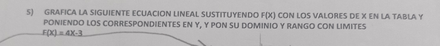 GRAFICA LA SIGUIENTE ECUACION LINEAL SUSTITUYENDO F(X) CON LOS VALORES DE X EN LA TABLA Y
PONIENDO LOS CORRESPONDIENTES EN Y, Y PON SU DOMINIO Y RANGO CON LIMITES
F(X)=4X-3