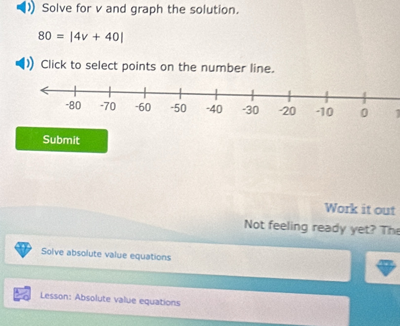 Solve for v and graph the solution.
80=|4v+40|
Click to select points on the number line. 
1 
Submit 
Work it out 
Not feeling ready yet? The 
Solve absolute value equations 
Lesson: Absolute value equations