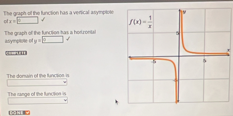 The graph of the function has a vertical asymptote 
of x=0
The graph of the function has a horizontal
asymptote of y=0
COMPLETEx
The domain of the function is
The range of the function is
DONE