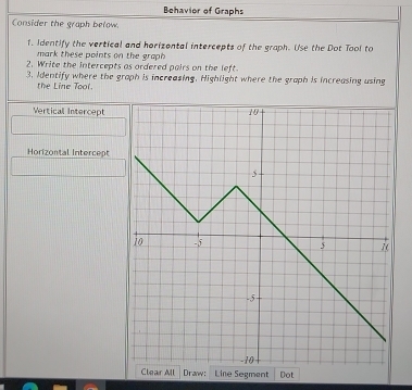 Behavior of Graphs 
Consider the graph below. 
1. Identify the vertical and horizental intercepts of the graph. Use the Dot Tool to 
mark these points on the graph 
2. Write the intercepts as ordered pairs on the left. 
3. Identify where the graph is increasing. Highlight where the graph is increasing using 
the Line Tool. 
Vertical Intercept 
Horizontal Intercept 
Draw: Line Segment Dot