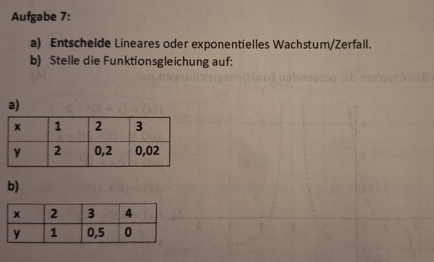 Aufgabe 7: 
a) Entscheide Lineares oder exponentielles Wachstum/Zerfall. 
b) Stelle die Funktionsgleichung auf: 
a) 
b)