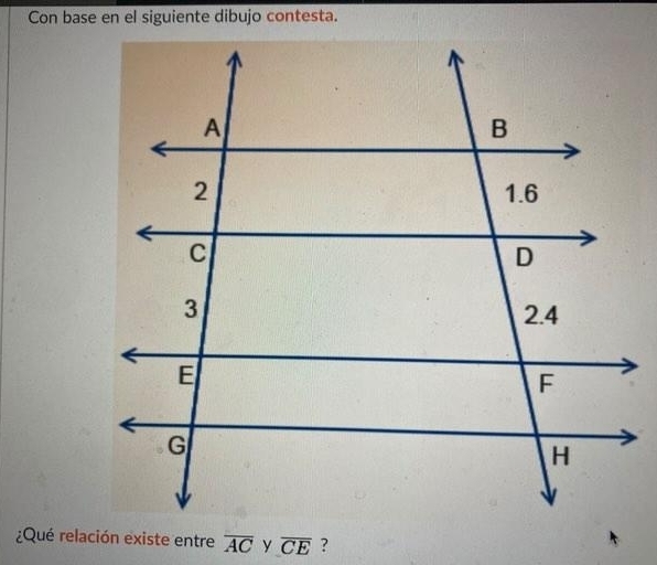 Con base en el siguiente dibujo contesta. 
¿Qué relación existe entre overline AC overline CE ?