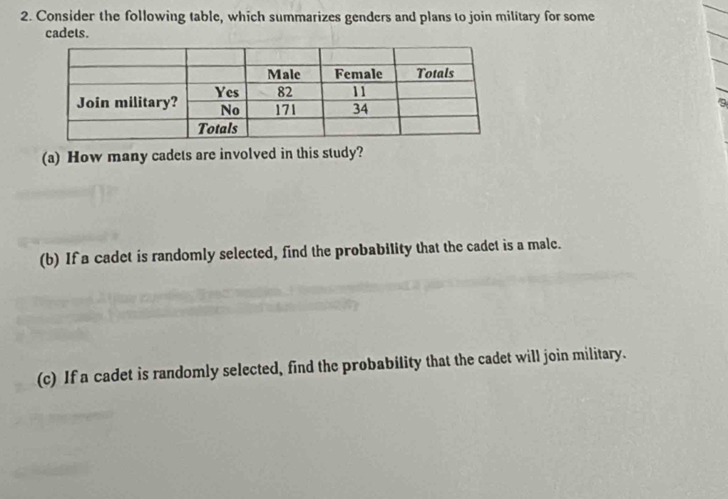 Consider the following table, which summarizes genders and plans to join military for some 
cadets. 
9 
(a) How many cadets are involved in this study? 
(b) If a cadet is randomly selected, find the probability that the cadet is a malc. 
(c) If a cadet is randomly selected, find the probability that the cadet will join military.