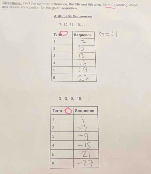 Directions: Find the common difference, the 5th and 6th term, Term 0 (Starting Value). 
and create an equation for the given sequence. 
Arithmetic Sequences
7, 10, 13, 16, . . .
3, -3, -9, -15, . . .