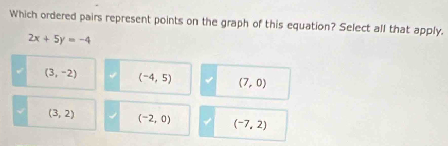 Which ordered pairs represent points on the graph of this equation? Select all that apply.
2x+5y=-4
(3,-2)
(-4,5)
(7,0)
(3,2)
(-2,0)
(-7,2)