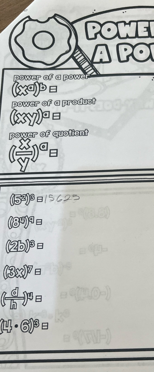OPPOWE 
A PO 
power of a power 
(xa)b 
power of a product
(xy)ª=
power of quotient
(frac 25overline y)^6E
(5²)³ 15623
(84)ョ
16
(49)
(3x)7=
()
(4 ×6)³ョ
ì