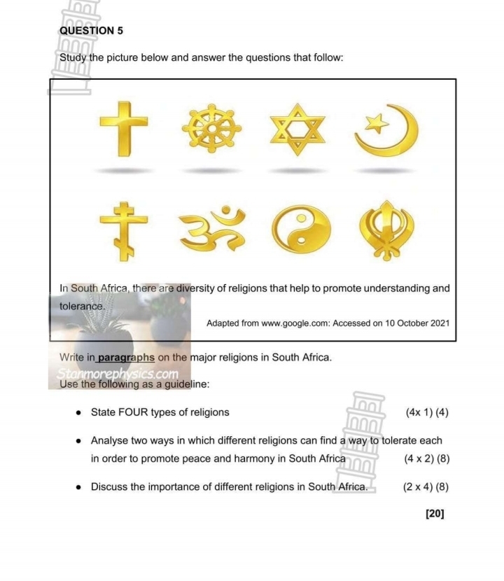 Study the picture below and answer the questions that follow: 
Write in paragraphs on the major religions in South Africa. 
Use the following as a guideline: 
State FOUR types of religions (4* 1)(4)
Analyse two ways in which different religions can find a way to tolerate each 
in order to promote peace and harmony in South Africa (4* 2)(8)
Discuss the importance of different religions in South Africa. (2* 4)(8)
[20]