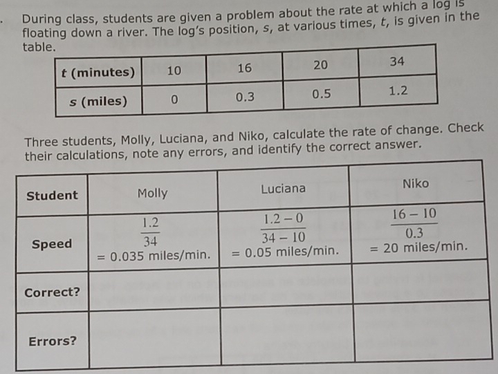 During class, students are given a problem about the rate at which a log is
floating down a river. The log’s position, s, at various times, t, is given in the
Three students, Molly, Luciana, and Niko, calculate the rate of change. Check
ny errors, and identify the correct answer.