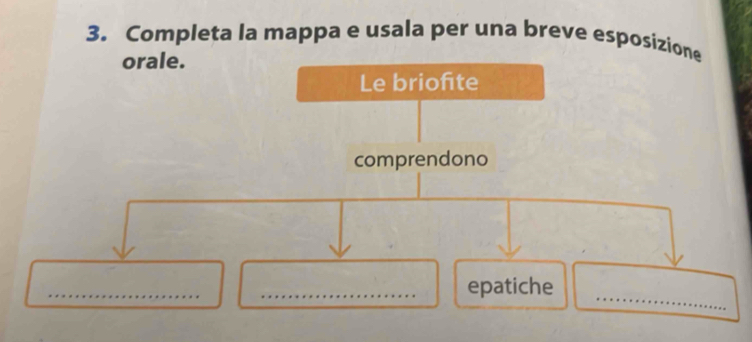 Completa la mappa e usala per una breve esposizione 
orale. 
Le briofite 
comprendono 
_ 
_ 
_epatiche