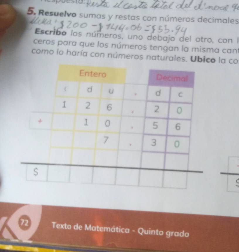 spuesto 
5. Resuelvo sumas y restas con números decimales 
Escribo los números, uno debajo del otro, con I 
ceros para que los números tengan la misma cant 
como lo haría con números naturales. Ubico la co 
72 Texto de Matemática - Quinto grado