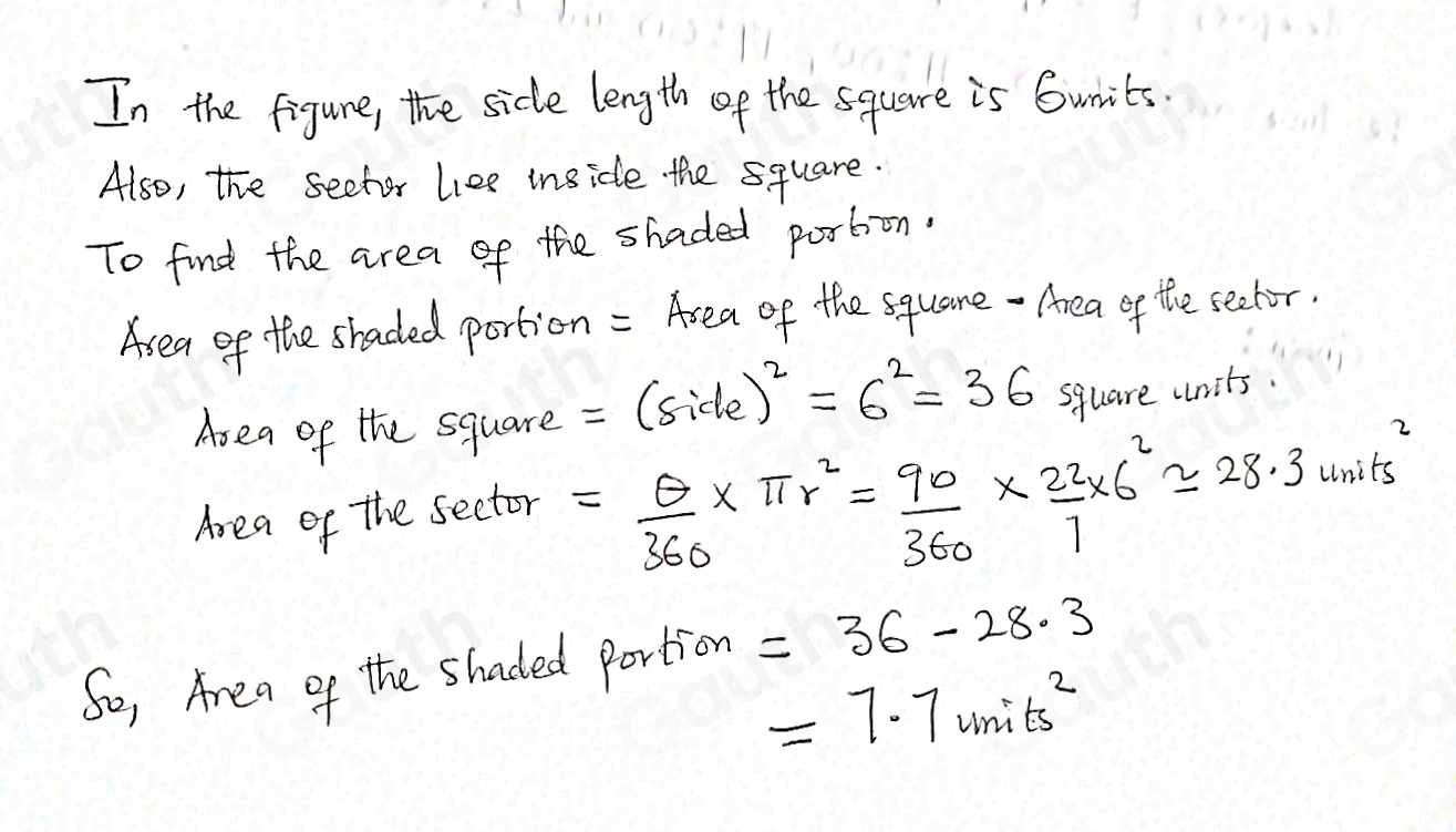 Solved: Find the area of the shaded portion in the square. Show all ...
