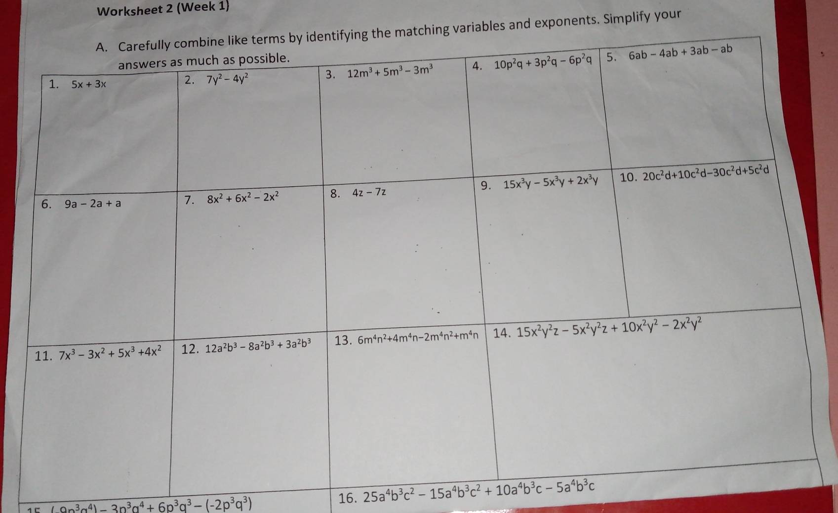 Worksheet 2 (Week 1)
ables and exponents. Simplify your
16.
1 C (-2p^3q^4)-3p^3q^4+6p^3q^3-(-2p^3q^3) 25a^4b^3c^2-15a^4b^3c^2+10a^4b^3c-5a^4b^3c