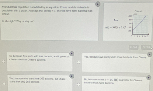 Ava's bacteria population is modeled by an equation. Chase models his bacteria
population with a graph. Ava says that on day 14 , she will have more bacteria than
Chase. 
is she right? Why or why not? 
CLEA CHE CK
No, because Ava starts with less bacteria, and it grows at Yes, because Ava always has more bacteria than Chase
a faster rate than Chase's bacteria.
Yes, because Ava starts with 300 bacteria, but Chase No, because when t=14.b(t) is greater for Chase's
starts with only 250 bacteria bacteria than Ava's bacteria