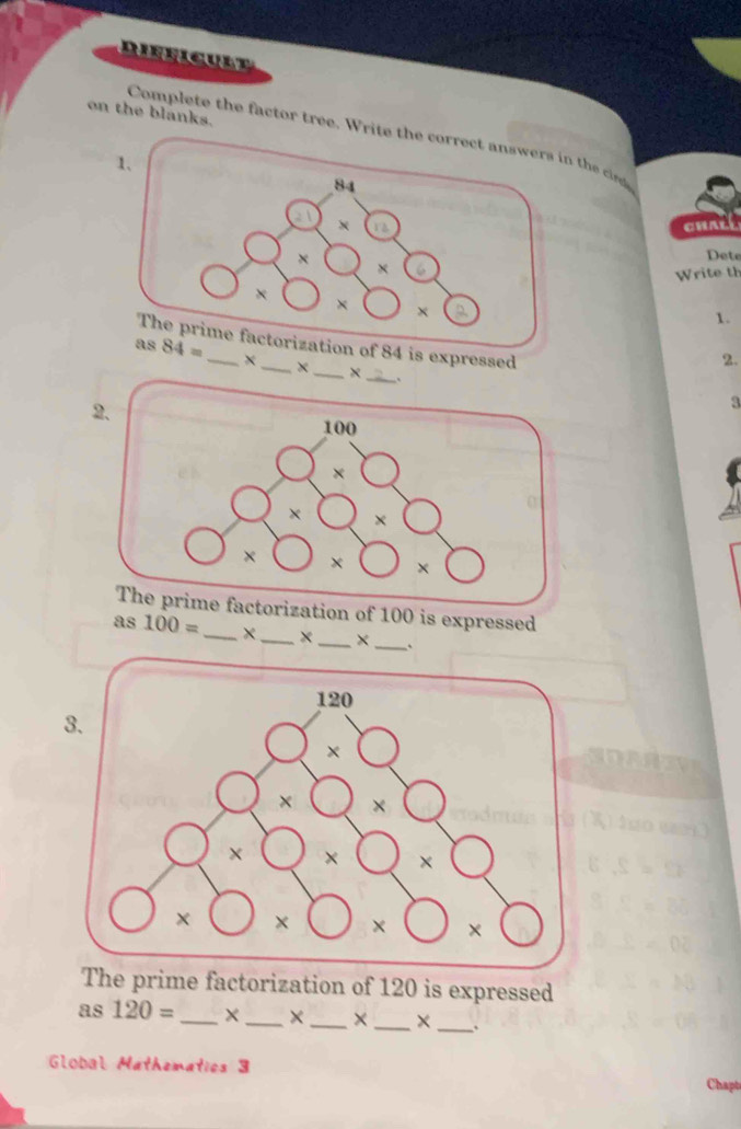 on the blanks.
Complete the factor tree. Wthe ci
CHAL
Dete
Write th
1.
expressed
×_ x_ ×
2.
3
n of 100 is expressed
as 100= _×_ _× _`
The prime factorization of 120 is expressed
as 120= _× _× _× _× _.
Global Mathematics 3 Chapts