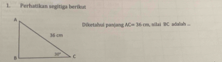 Perhatikan segitiga berikut
Diketahui panjang AC=36cm , nilai BC adalah ...