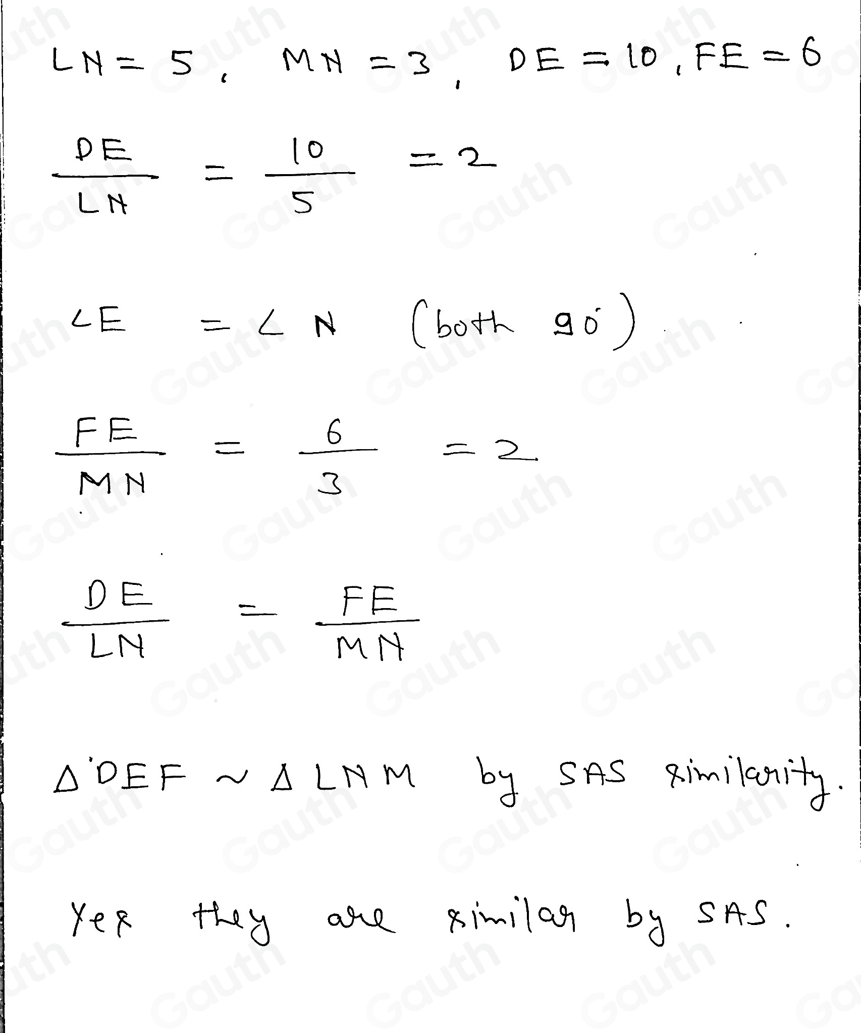 Solved: (03.05 LC) Are triangles DEF and LNM similar if LN equals 5, MN ...