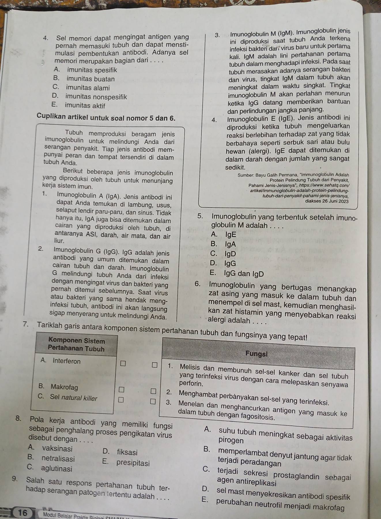 Sel memori dapat mengingat antigen yang 3. Imunoglobulin M (IgM). Imunoglobulin jenis
pernah memasuki tubuh dan dapat mensti- ini diproduksi saat tubuh Anda terkena
mulasi pembentukan antibodi. Adanya sel infeksi bakteri dan virus baru untuk pertama
memori merupakan bagian dari . . . . kali. IgM adalah lini pertahanan pertama
A. imunitas spesifik tubuh dalam menghadapi infeksi. Pada saat
tubuh merasakan adanya serangan bakteri
B. imunitas buatan dan virus, tingkat IgM dalam tubuh akan
C. imunitas alami meningkat dalam waktu singkat. Tingkat
D. imunitas nonspesifik imunoglobulin M akan perlahan menurun
E. imunitas aktif ketika IgG datang memberikan bantuan
dan perlindungan jangka panjang.
Cuplikan artikel untuk soal nomor 5 dan 6.
4. Imunoglobulin E (IgE). Jenis antibodi ini
diproduksi ketika tubuh mengeluarkan
Tubuh memproduksi beragam jenis reaksi berlebihan terhadap zat yang tidak
imunoglobulin untuk melindungi Anda dari
berbahaya seperti serbuk sari atau bulu
serangan penyakit. Tiap jenis antibodi mem-
hewan (alergi). IgE dapat ditemukan di
punyai peran dan tempat tersendiri di dalam
dalam darah dengan jumlah yang sangat
tubuh Anda. sedikit.
Berikut beberapa jenis imunoglobulin
Sumber: Bayu Galih Permana, 'Immunoglobulin Adalah
yang diproduksi oleh tubuh untuk menunjang Protein Pelindung Tubuh dari Penyakit,
kerja sistem imun. Pahami Jenis-Jenisnya", https://www.sehatq.com/
artikel/immunoglobulin-adalah-protein-pelindung-
1. Imunoglobulin A (IgA). Jenis antibodi ini tubuh-dari-penyakit-pahami-jenis-jenisnya.
diakses 26 Juni 2023
dapat Anda temukan di lambung, usus,
selaput lendir paru-paru, dan sinus. Tidak
hanya itu, IgA juga bisa ditemukan dalam 5. Imunoglobulin yang terbentuk setelah imuno-
cairan yang diproduksi oleh tubuh, di
globulin M adalah . . . .
antaranya ASI, darah, air mata, dan air A. IgE
liur. B. IgA
2. Imunoglobulin G (IgG). IgG adalah jenis C. IgD
antibodi yang umum ditemukan dalam D. IgG
cairan tubuh dan darah. Imunoglobulin E. IgG dan IgD
G melindungi tubuh Anda dari infeksi
dengan mengingat virus dan bakteri yang 6. Imunoglobulin yang bertugas menangkap
pernah ditemui sebelumnya. Saat virus zat asing yang masuk ke dalam tubuh dan 
atau bakteri yang sama hendak meng- menempel di sel mast, kemudian menghasil-
infeksi tubuh, antibodi ini akan langsung kan zat histamin yang menyebabkan reaksi
sigap menyerang untuk melindungi Anda. alergi adalah . . . .
7. Tariklah garis antara komponen sistem pertahanan tubuh dan fungsinya yang tepat!
Komponen Sistem
Pertahanan Tubuh Fungsi
A. Interferon 1. Melisis dan membunuh sel-sel kanker dan sel tubuh
yang terinfeksi virus dengan cara melepaskan senyawa
perforin.
B. Makrofag 2. Menghambat perbånyakan sel-sel yang terinfeksi.
C. Sel natural killer 3. Menelan dan menghancurkan antigen yang masuk ke
dalam tubuh dengan fagositosis.
8. Pola kerja antibodi yang memiliki fungsi A. suhu tubuh meningkat sebagai aktivitas
sebagai penghalang proses pengikatan virus pirogen
disebut dengan B. memperlambat denyut jantung agar tidak
A. vaksinasi D. fiksasi terjadi peradangan
B. netralisasi E. presipitasi C. terjadi sekresi prostaglandin sebagai
C. aglutinasi agen antireplikasi
9. Salah satu respons pertahanan tubuh ter- D. sel mast menyekresikan antibodi spesifik
hadap serangan patogen tertentu adalah . . . . E. perubahan neutrofil menjadi makrofag
16 Modul Belaiar Praktis  Biok