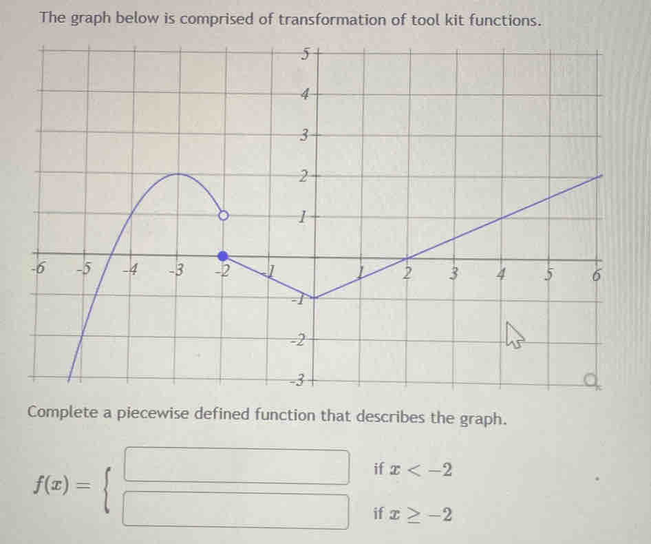 The graph below is comprised of transformation of tool kit functions. 
Complete a piecewise defined function that describes the graph. 
if x
f(x)=beginarrayl □  □ endarray. if x≥ -2