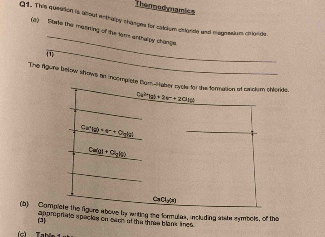 Thermodynamics 
Q1. This question is about enthalpy changes for calcium chloride and magnesium chloride 
_ 
(a) State the meaning of the term enthalpy change. 
_ 
(1) 
The figure below shows an incomplete Born--Haber cycle for the formation of calcium chloride.
Ca^(2+)(g)+2e^-+2Cl(g)
Ca^+(g)+e^-+Cl_2(g)
Ca(g)+Cl_2(g)
CaCl_2(s)
(b) Complete the figure above by writing the formulas, including state symbols, of the 
appropriate species on each of the three blank lines. 
(3) 
(c) Table 1