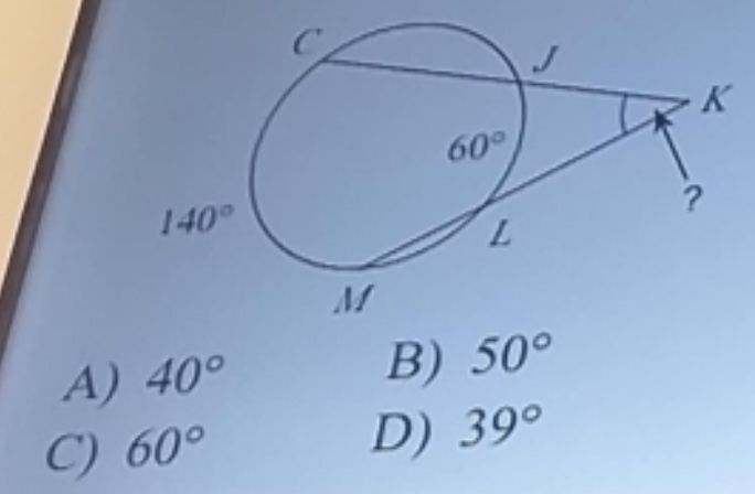 A) 40°
B) 50°
C) 60°
D) 39°