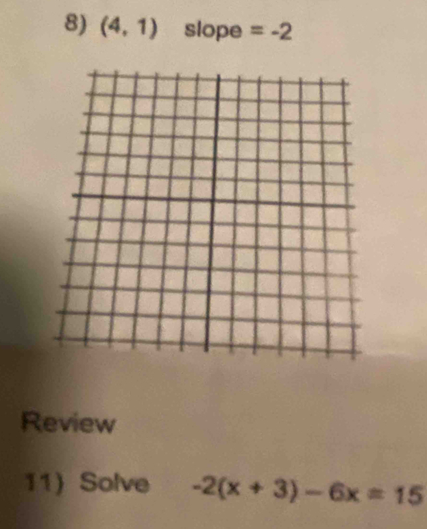 (4,1) slope =-2
Review 
11) Solve -2(x+3)-6x=15