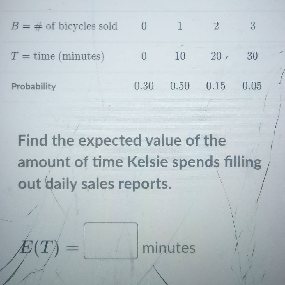 Find the expected value of the
amount of time Kelsie spends fılling
out daily sales reports.
E(T)=□ minutes