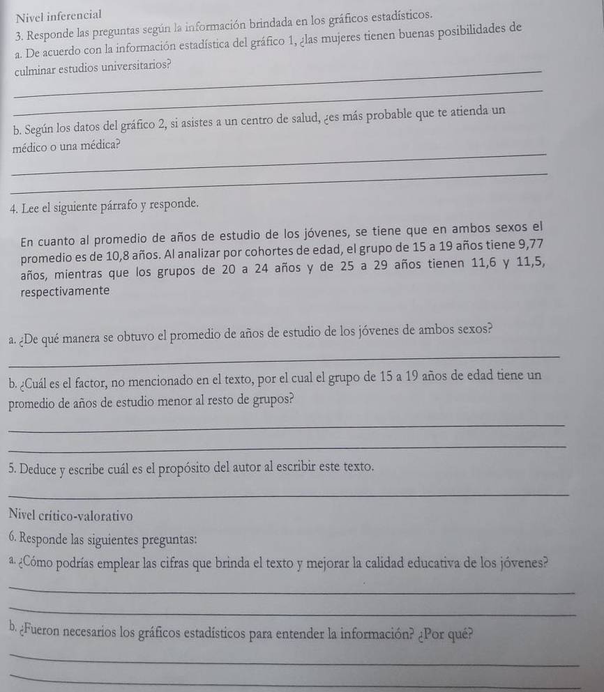 Nivel inferencial 
3. Responde las preguntas según la información brindada en los gráficos estadísticos. 
a. De acuerdo con la información estadística del gráfico 1, ¿las mujeres tienen buenas posibilidades de 
_culminar estudios universitarios? 
_ 
b. Según los datos del gráfico 2, si asistes a un centro de salud, ¿es más probable que te atienda un 
_ 
médico o una médica? 
_ 
4. Lee el siguiente párrafo y responde. 
En cuanto al promedio de años de estudio de los jóvenes, se tiene que en ambos sexos el 
promedio es de 10, 8 años. Al analizar por cohortes de edad, el grupo de 15 a 19 años tiene 9,77
años, mientras que los grupos de 20 a 24 años y de 25 a 29 años tienen 11, 6 y 11, 5, 
respectivamente 
a. ¿De qué manera se obtuvo el promedio de años de estudio de los jóvenes de ambos sexos? 
_ 
b. ¿Cuál es el factor, no mencionado en el texto, por el cual el grupo de 15 a 19 años de edad tiene un 
promedio de años de estudio menor al resto de grupos? 
_ 
_ 
5. Deduce y escribe cuál es el propósito del autor al escribir este texto. 
_ 
Nivel crítico-valorativo 
6. Responde las siguientes preguntas: 
a ¿Cómo podrías emplear las cifras que brinda el texto y mejorar la calidad educativa de los jóvenes? 
_ 
_ 
b. ¿Fueron necesarios los gráficos estadísticos para entender la información? ¿Por qué? 
_ 
_