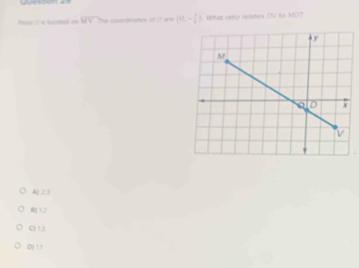 Pese it s locmed on overline MV The coondinates of D are (0,- 1/2 ) What ratio relates DV to MD?
A) 2:3
B) 1.2
C) t.3
DJ 1 1