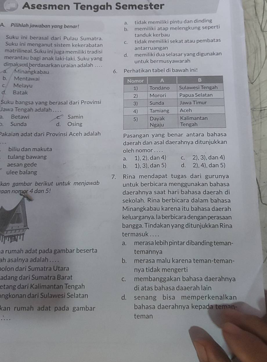 Asesmen Tengah Semester
A. Pilihlah jawaban yang benar! a. tidak memiliki pintu dan dinding
b. memiliki atap melengkung seperti
Suku ini berasal dari Pulau Sumatra. tanduk kerbau
Suku ini menganut sistem kekerabatan c. tidak memiliki sekat atau pembatas
matrilineal. Suku ini juga memiliki tradisi
antarruangan
merantau bagi anak laki-laki. Suku yang d. memiliki dua selasar yang digunakan
untuk bermusyawarah
dimaksud berdasarkan uraian adalah .   .
a. Minangkabau 6. Perhatikan tabel di bawah ini!
b. / Mentawai
c. Melayu
d. Batak
Suku bangsa yang berasal dari Provinsi
Jawa Tengah adalah . . . .
a. Betawi c. Samin
b. Sunda d. Osing
Pakaian adat dari Provinsi Aceh adalah Pasangan yang benar antara bahasa
daerah dan asal daerahnya ditunjukkan
biliu dan makuta oleh nomor . . . .
tulang bawang a. 1), 2), dan 4) c. 2), 3), dan 4)
aesan gede b. 1), 3), dan 5) d. 2), 4), dan 5)
ulee balang
7. Rina mendapat tugas dari gurunya
ikan gambar berikut untuk menjawab untuk berbicara menggunakan bahasa
an nomor 4 dan 5! daerahnya saat hari bahasa daerah di
sekolah. Rina berbicara dalam bahasa
Minangkabau karena itu bahasa daerah
keluarganya. Ia berbicara dengan perasaan
bangga. Tindakan yang ditunjukkan Rina
termasuk . . . .
a. merasa lebih pintar dibanding teman-
a rumah adat pada gambar beserta temannya
ah asalnya adalah . . . . b. merasa malu karena teman-teman-
olon dari Sumatra Utara nya tidak mengerti
adang dari Sumatra Barat c. membanggakan bahasa daerahnya
etang dari Kalimantan Tengah di atas bahasa daaerah lain
ongkonan dari Sulawesi Selatan d. senang bisa memperkenalkan
kan rumah adat pada gambar bahasa daerahnya kepada teman-
∴ . .
teman