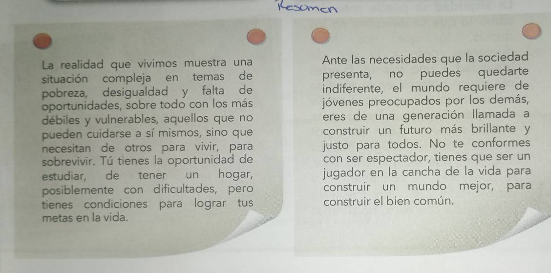 Resomen 
La realidad que vivimos muestra una Ante las necesidades que la sociedad 
situación compleja en temas de presenta, no puedes quedarte 
pobreza, desigualdad y falta de indiferente, el mundo requiere de 
oportunidades, sobre todo con los más jóvenes preocupados por los demás, 
débiles y vulnerables, aquellos que no eres de una generación llamada a 
pueden cuidarse a sí mismos, sino que construir un futuro más brillante y 
necesitan de otros para vivir, para justo para todos. No te conformes 
sobrevivir. Tú tienes la oportunidad de con ser espectador, tienes que ser un 
estudiar, de tener un hogar, jugador en la cancha de la vida para 
posiblemente con dificultades, pero construir un mundo mejor, para 
tienes condiciones para lograr tus construir el bien común. 
metas en la vida.