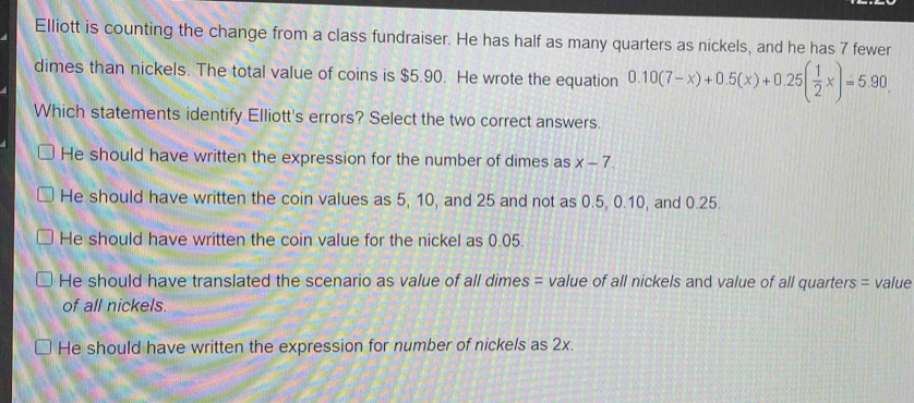 Solved: Elliott is counting the change from a class fundraiser. He has ...