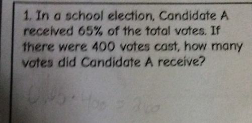 In a school election, Candidate A 
received 65% of the total votes. If 
there were 400 votes cast, how many 
votes did Candidate A receive?