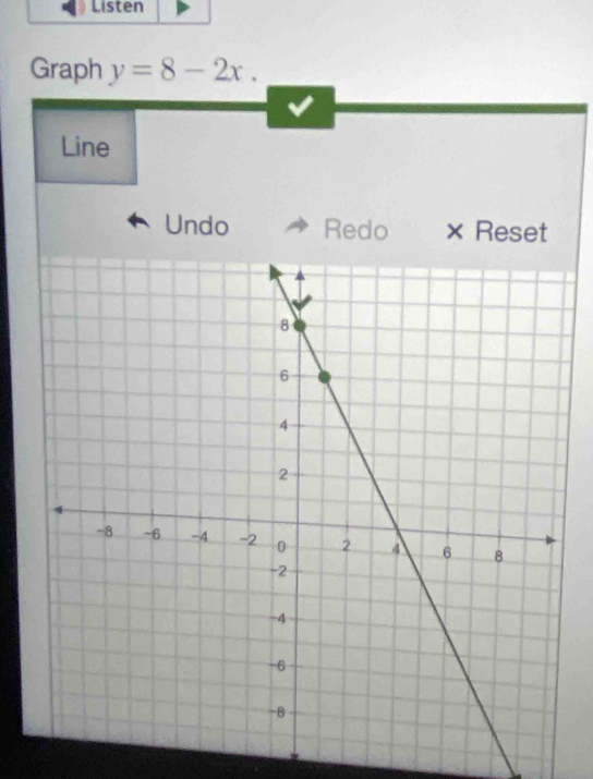 Listen 
Graph y=8-2x. 
Line 
Undo Redo × Reset