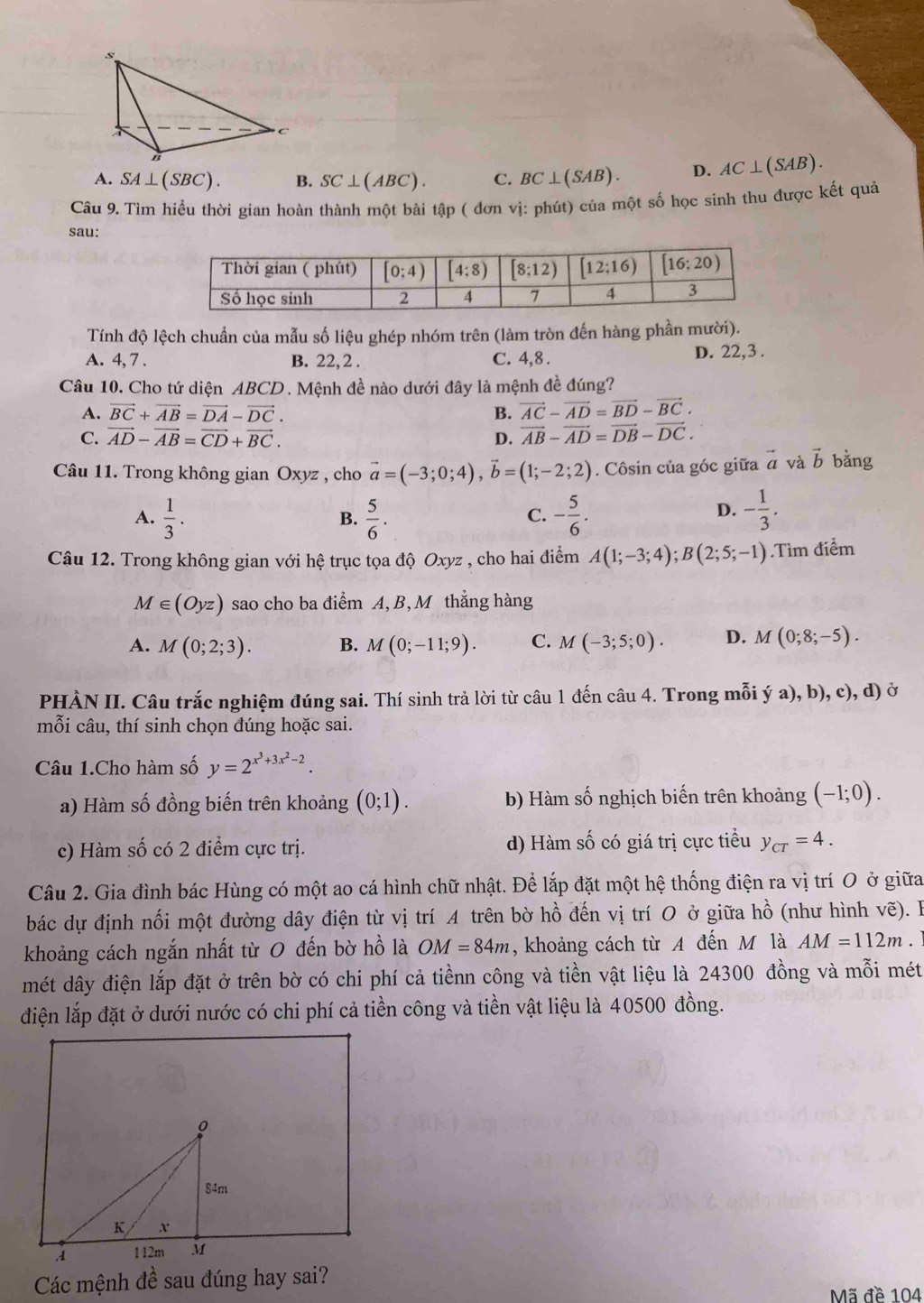 A. SA⊥ (SBC). B. SC⊥ (ABC). C. BC⊥ (SAB). D. AC⊥ (SAB).
Câu 9. Tìm hiều thời gian hoàn thành một bài tập ( đơn vị: phút) của một số học sinh thu được kết quả
sau:
Tính độ lệch chuẩn của mẫu số liệu ghép nhóm trên (làm tròn đến hàng phần mười).
A. 4, 7 . B. 22, 2 . C. 4,8 . D. 22,3 .
Câu 10, Cho tứ diện ABCD. Mệnh đề nào dưới đây là mệnh đề đúng?
A. vector BC+vector AB=vector DA-vector DC. B. vector AC-vector AD=vector BD-vector BC.
C. vector AD-vector AB=vector CD+vector BC. D. vector AB-vector AD=vector DB-vector DC.
Câu 11. Trong không gian Oxyz , cho vector a=(-3;0;4),vector b=(1;-2;2). Côsin của góc giữa vector a và vector b bǎng
A.  1/3 .  5/6 . - 5/6 . - 1/3 .
B.
C.
D.
Câu 12. Trong không gian với hệ trục tọa độ Oxyz , cho hai điểm A(1;-3;4);B(2;5;-1) Tìm điểm
M∈ (Oyz) sao cho ba điểm A, B, M thẳng hàng
A. M(0;2;3). B. M(0;-11;9). C. M(-3;5;0). D. M(0;8;-5).
PHÀN II. Câu trắc nghiệm đúng sai. Thí sinh trả lời từ câu 1 đến câu 4. Trong mỗi ý a), b), c), d) ở
mỗi câu, thí sinh chọn đúng hoặc sai.
Câu 1.Cho hàm số y=2^(x^3)+3x^2-2.
a) Hàm số đồng biến trên khoảng (0;1). b) Hàm số nghịch biến trên khoảng (-1;0).
c) Hàm số có 2 điểm cực trị. d) Hàm số có giá trị cực tiểu y_cT=4.
Câu 2. Gia đình bác Hùng có một ao cá hình chữ nhật. Để lắp đặt một hệ thống điện ra vị trí O ở giữa
bác dự định nối một đường dây điện từ vị trí A trên bờ hồ đến vị trí O ở giữa hồ (như hình vẽ). B
khoảng cách ngắn nhất từ 0 đến bờ hồ là OM=84m , khoảng cách từ A đến M là AM=112m. ]
mét dây điện lắp đặt ở trên bờ có chi phí cả tiềnn công và tiền vật liệu là 24300 đồng và mỗi mét
điện lắp đặt ở dưới nước có chi phí cả tiền công và tiền vật liệu là 40500 đồng.
Các mệnh đề sau đúng hay sai?
Mã đề 104