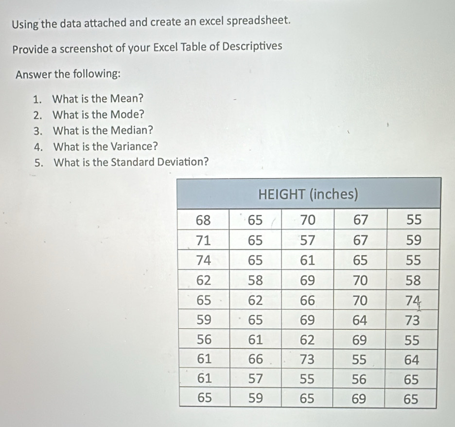 Using the data attached and create an excel spreadsheet. 
Provide a screenshot of your Excel Table of Descriptives 
Answer the following: 
1. What is the Mean? 
2. What is the Mode? 
3. What is the Median? 
4. What is the Variance? 
5. What is the Standard Deviation?