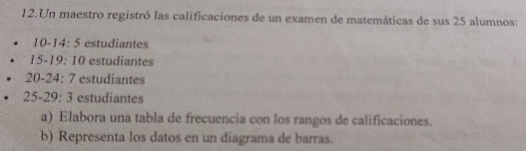 Un maestro registró las calificaciones de un examen de matemáticas de sus 25 alumnos:
10-14:5 estudiantes
15-19:10 estudiantes
20-24:7 estudiantes
25-29:3 estudiantes
a) Elabora una tabla de frecuencia con los rangos de calificaciones.
b) Representa los datos en un diagrama de barras.