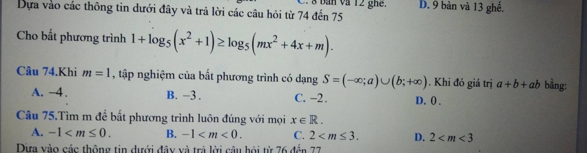 bản và 12 ghề. D. 9 bàn và 13 ghế.
Dựa vào các thông tin dưới đây và trả lời các câu hỏi từ 74 đến 75
Cho bất phương trình 1+log _5(x^2+1)≥ log _5(mx^2+4x+m). 
Câu 74.Khi m=1 , tập nghiệm của bất phương trình có dạng S=(-∈fty ;a)∪ (b;+∈fty ). Khi đó giá trị a+b+ab bằng:
A. -4. B. −3. C. −2. D. () .
Câu 75.Tìm m để bất phương trình luôn đúng với mọi x∈ R.
A. -1 . B. -1 . C. 2 . D. 2
Dừa vào các thông tin dưới đây và trả lời câu hỏi từ 76 đến 77