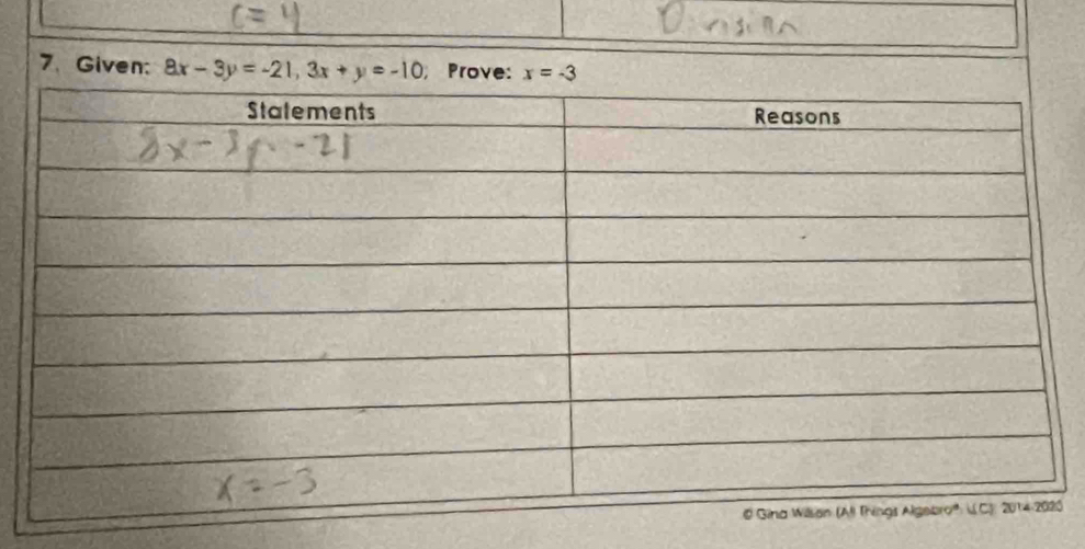 Given: 8x-3y=-21, 3x+y=-10; Prove: x=-3
0