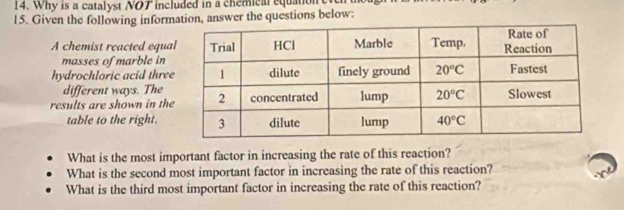 Why is a catalyst NOT included in a chemical equatione
15. Given the following information, answer the questions below:
A chemist reacted equa
masses of marble in
hydrochloric acid thre
different ways. The
results are shown in the
table to the right.
What is the most important factor in increasing the rate of this reaction?
What is the second most important factor in increasing the rate of this reaction?
What is the third most important factor in increasing the rate of this reaction?