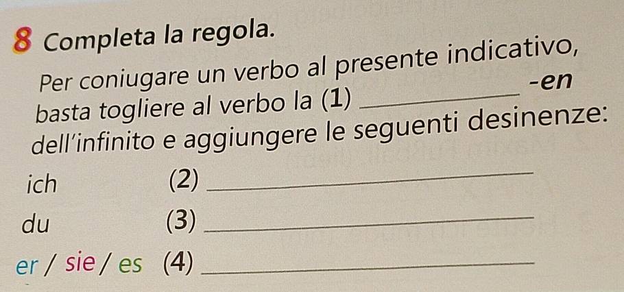 Completa la regola. 
_ 
Per coniugare un verbo al presente indicativo, 
-en 
basta togliere al verbo la (1) 
dell’infinito e aggiungere le seguenti desinenze: 
ich (2) 
_ 
du (3) 
_ 
er / sie / es (4)_