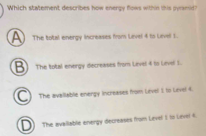 Which statement describes how energy flows within this pyramid?
A The total energy increases from Level 4 to Level 1.
B The total energy decreases from Level 4 to Level 1.
C The available energy increases from Level 1 to Level 4.
D The available energy decreases from Level 1 to Level 4.