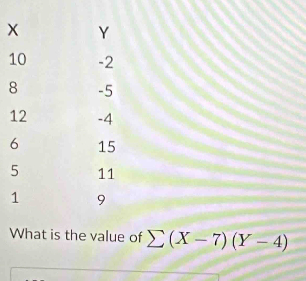 What is the value of sumlimits (X-7)(Y-4)