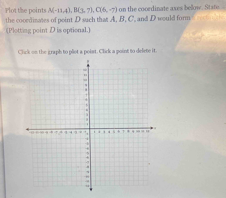 Plot the points A(-11,4), B(3,7), C(6,-7) on the coordinate axes below. State 
the coordinates of point D such that A, B, C, and D would form a rectangle. 
(Plotting point D is optional.) 
Click on the graph to plot a point. Click a point to delete it.