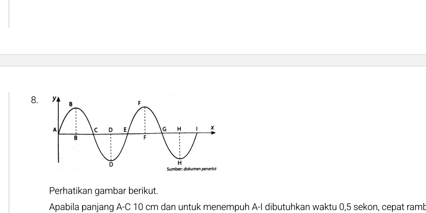 Perhatikan gambar berikut. 
Apabila panjang A-C 10 cm dan untuk menempuh A-I dibutuhkan waktu 0, 5 sekon, cepat ramb